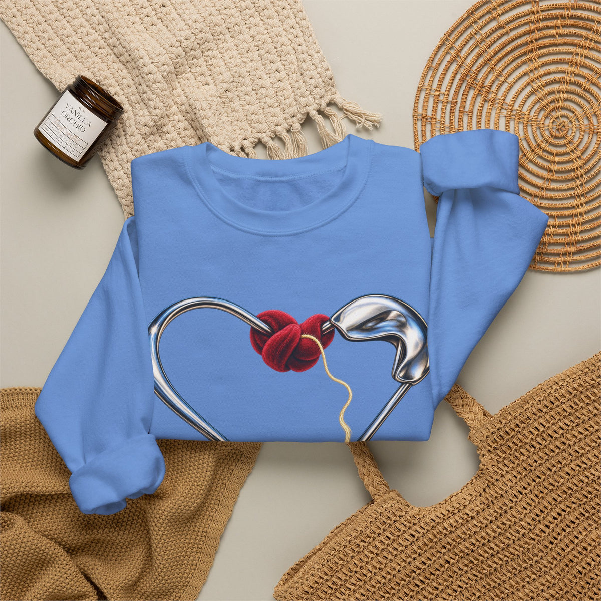 Supplier-generated Held Together Crewneck mockup 4: Carolina Blue Gildan 18000 with the verified front and back artwork placement.