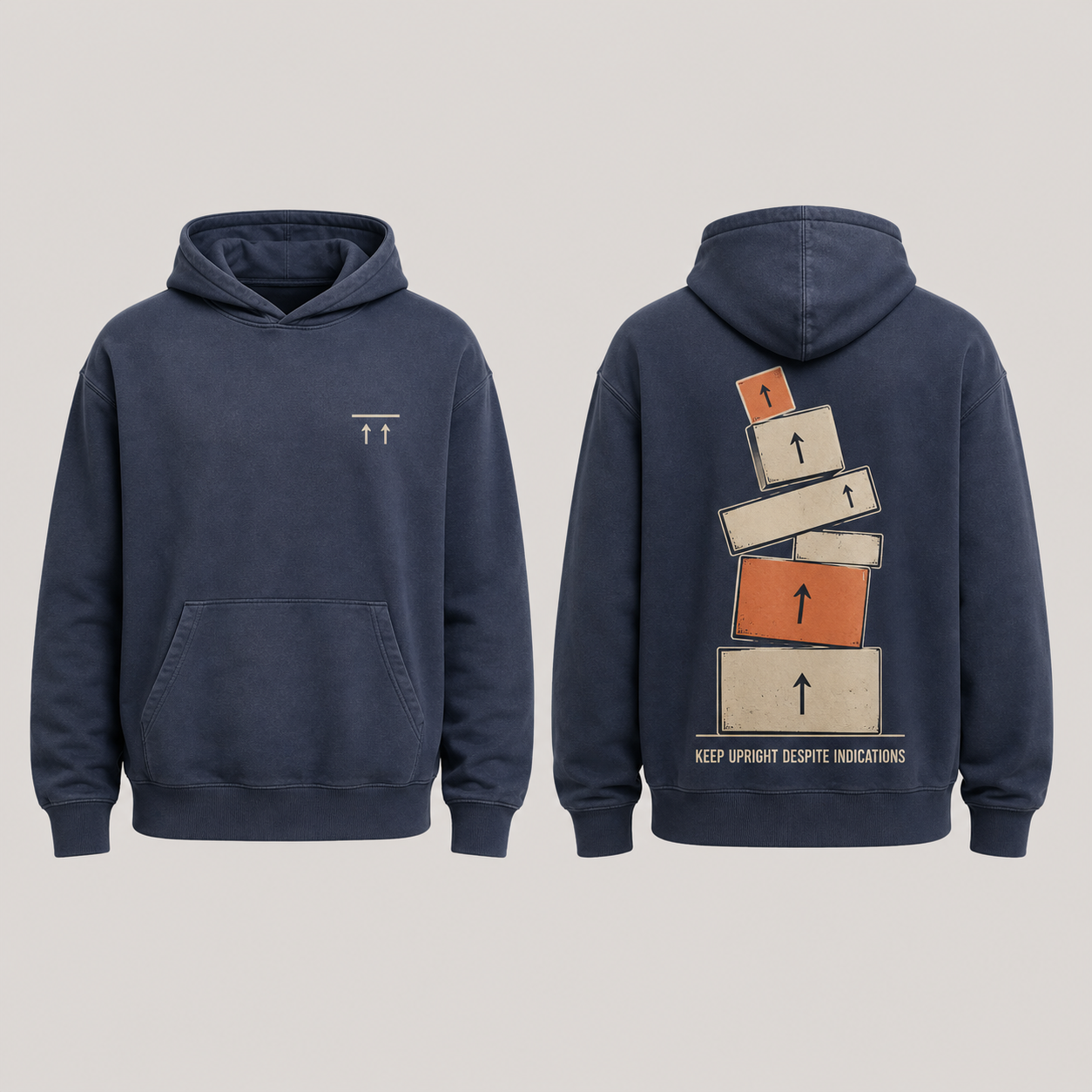 Front and back of a faded-navy pullover hoodie with small orientation arrows and a leaning tower of parcels marked upright.