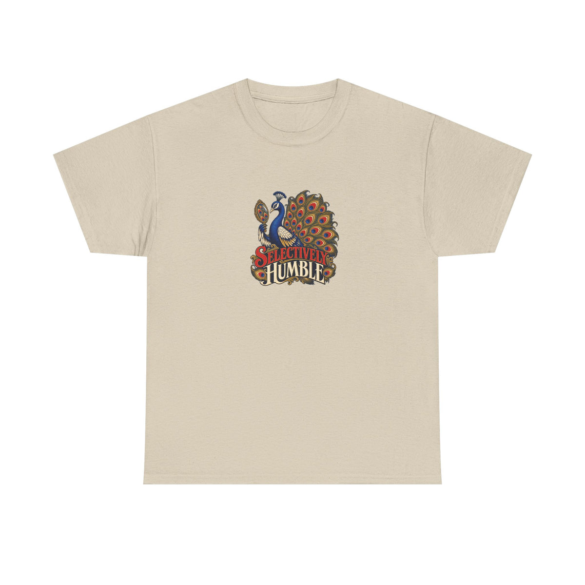 Sand Selectively Humble Tee, front view with peacock looking in a mirror and “SELECTIVELY HUMBLE” graphic.