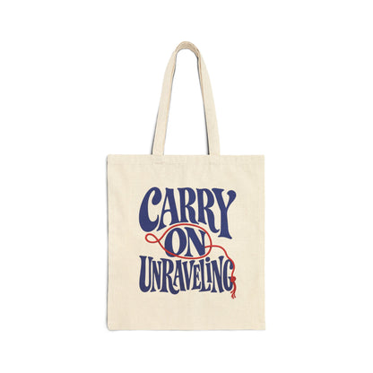Supplier-generated Carry On Unraveling Tote mockup 1: Natural Liberty Bags OAD113, 15 by 16 inches, showing the current print scale and placement.