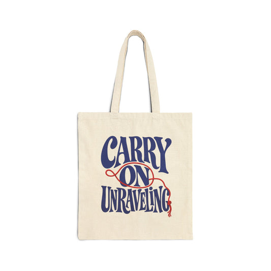 Supplier-generated Carry On Unraveling Tote mockup 1: Natural Liberty Bags OAD113, 15 by 16 inches, showing the current print scale and placement.