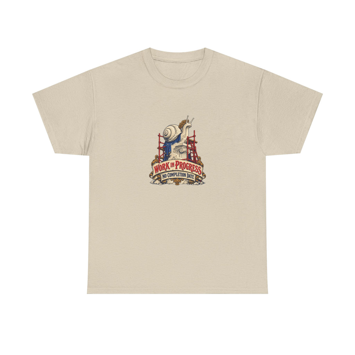 Sand Work in Progress Tee, front view with snail monument surrounded by scaffolding and “WORK IN PROGRESS NO COMPLETION DATE” graphic.