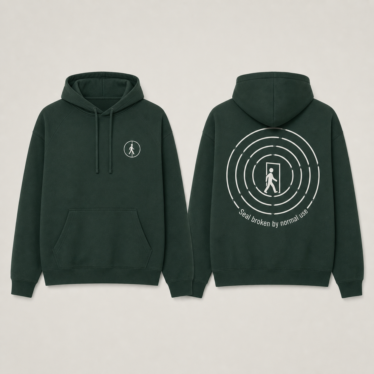 Front and back of a forest-green hoodie with a split seal and concentric tamper rings opening around a walking figure.