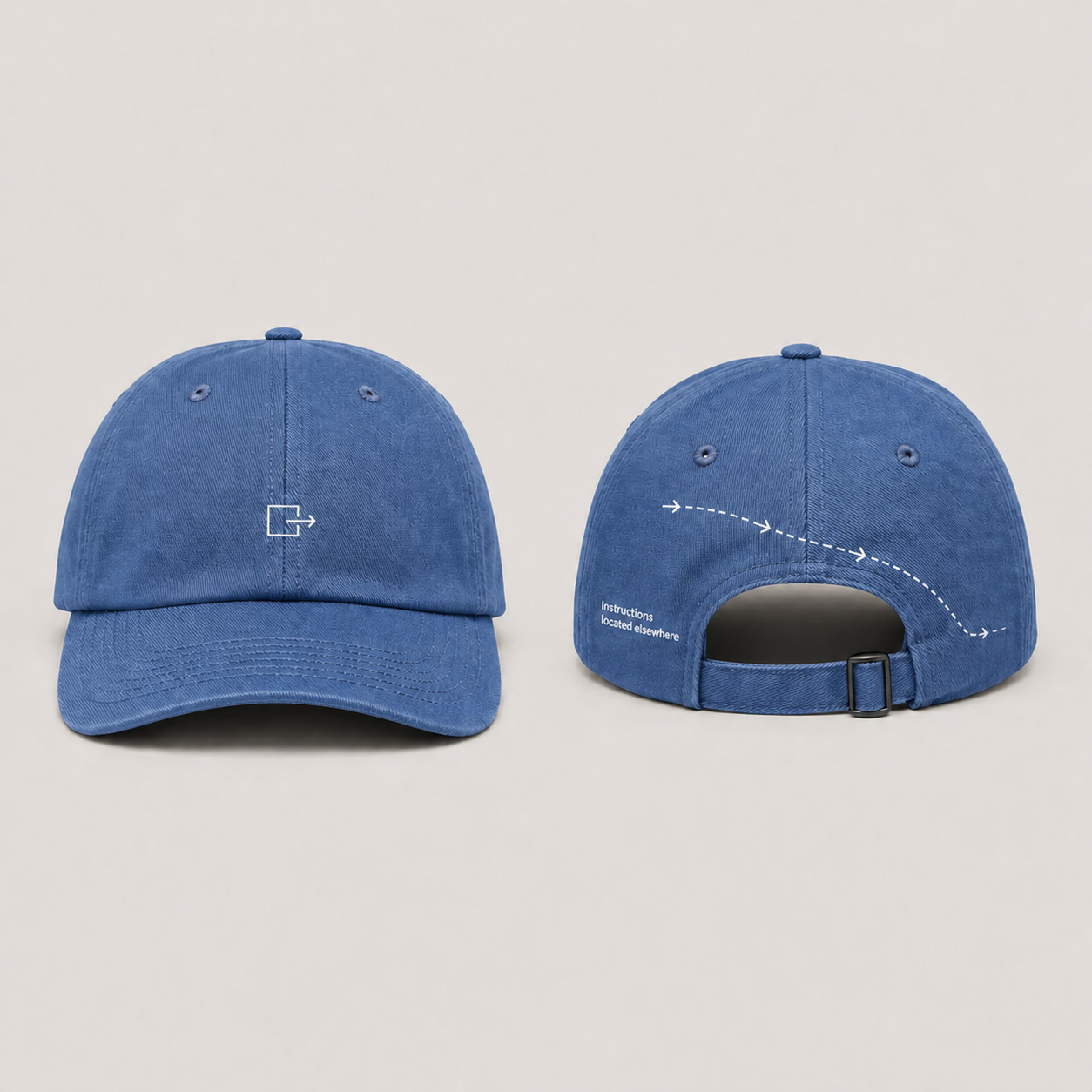 Front and rear views of a faded-cobalt low-profile cap with a small exit icon and an instructional arrow path.