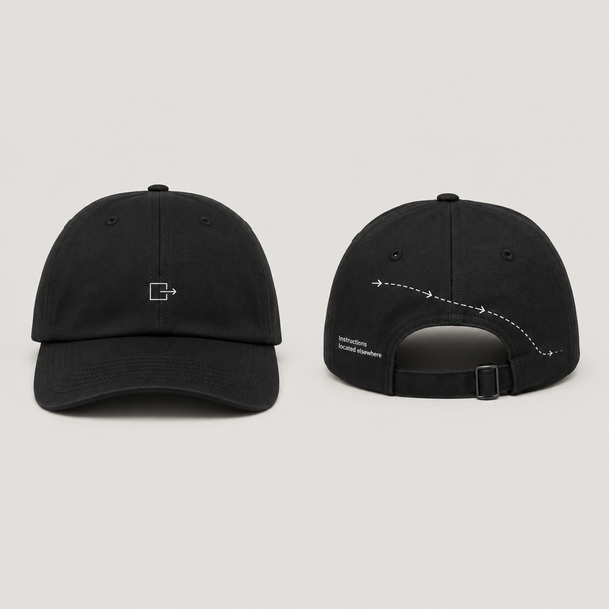 Front and rear views of a black low-profile cap with a small exit icon and an instructional arrow path.