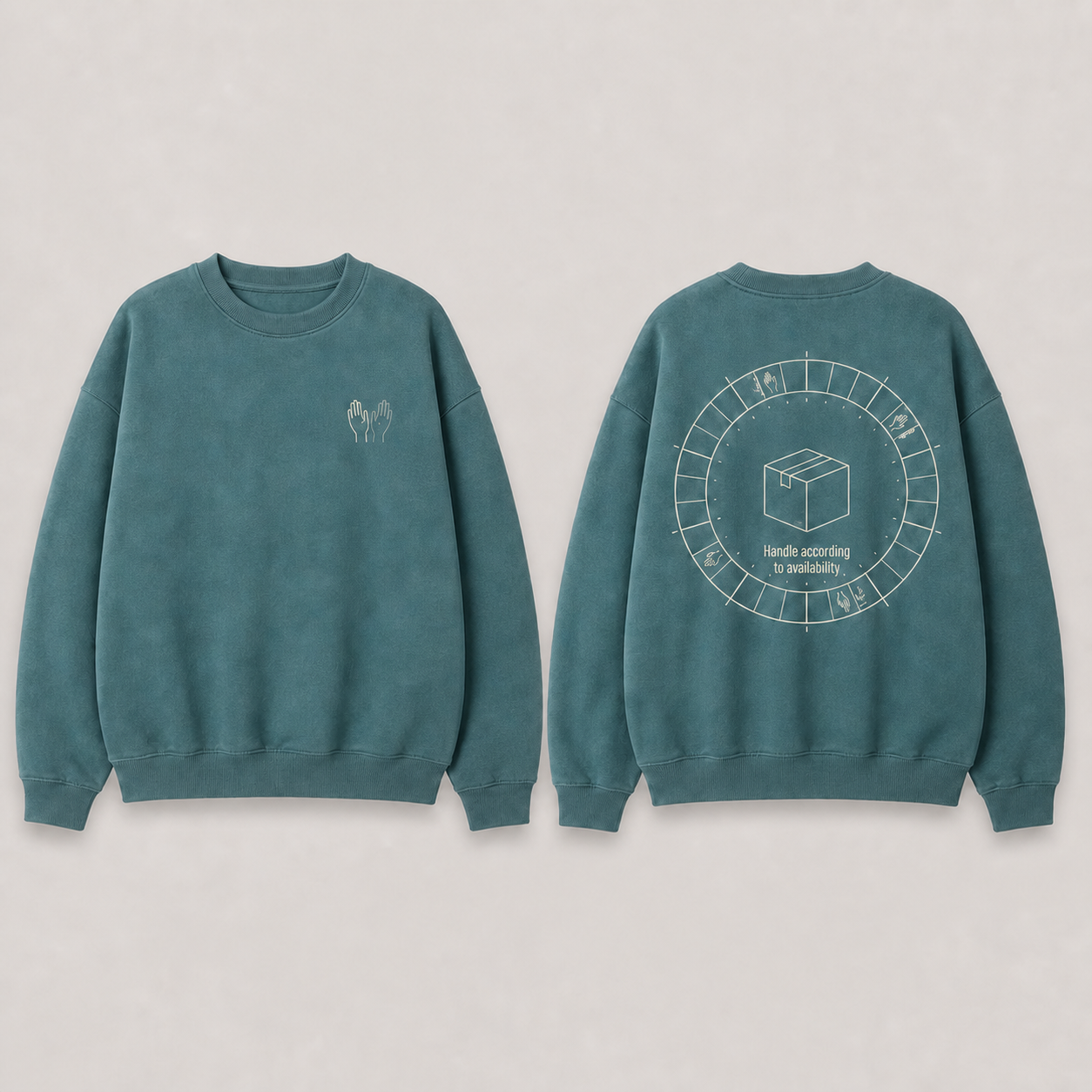Front and back of a weathered-teal crewneck sweatshirt with hand signals and a circular handling-availability diagram.