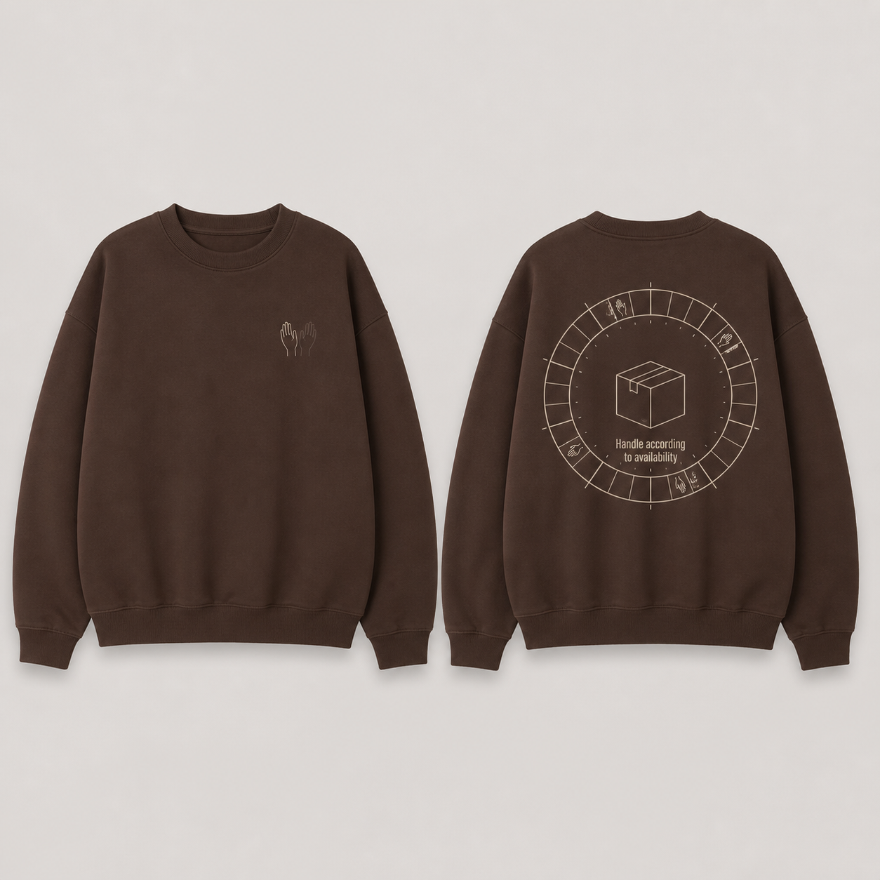Front and back of a deep-brown crewneck sweatshirt with hand signals and a circular handling-availability diagram.