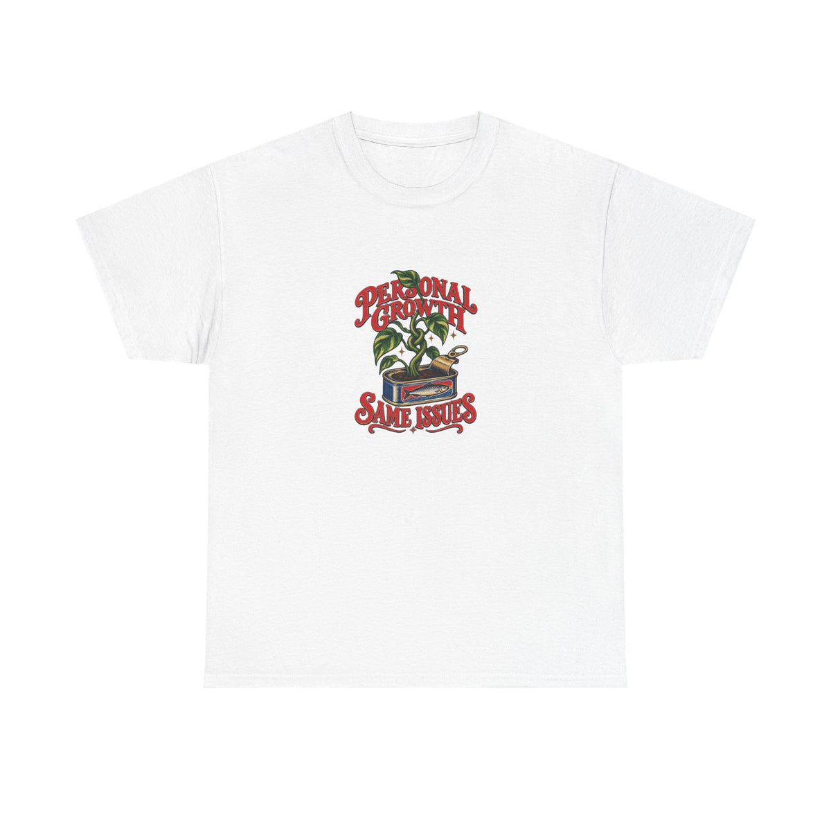 White Personal Growth Tee, front view with knotted houseplant in a sardine tin and “PERSONAL GROWTH SAME ISSUES” graphic.