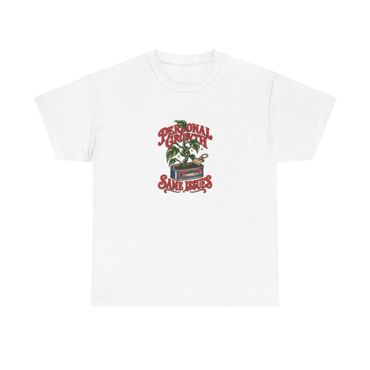White Personal Growth Tee, front view with knotted houseplant in a sardine tin and “PERSONAL GROWTH SAME ISSUES” graphic.