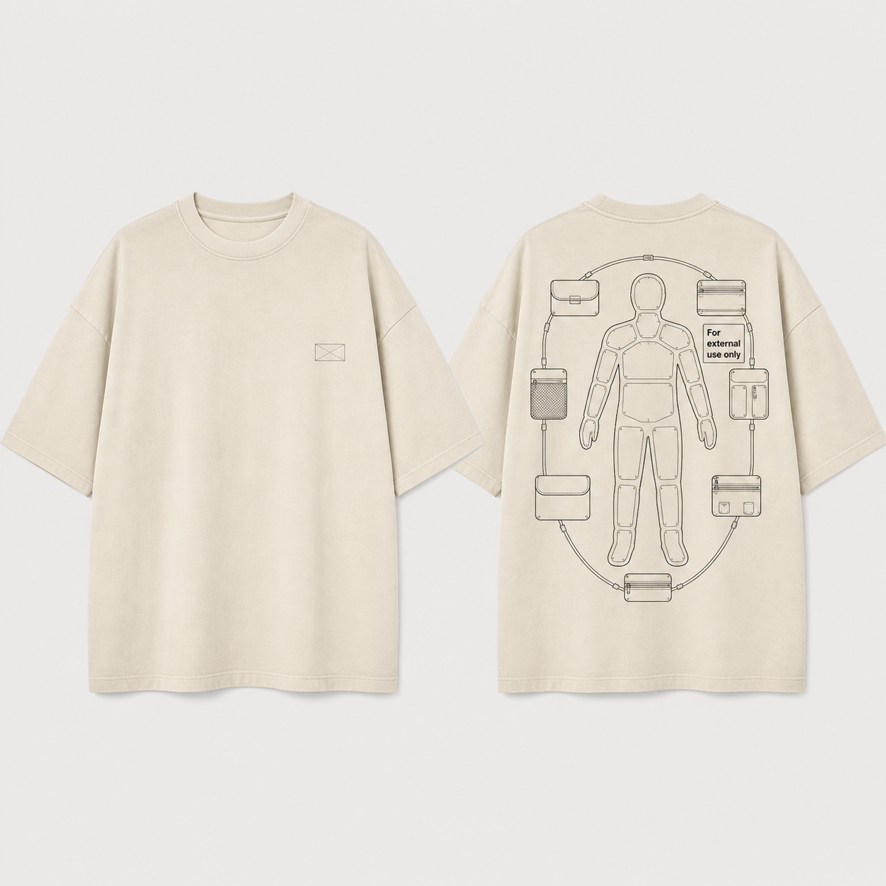 Front and back of a bone heavyweight tee with a boundary stamp and a diagrammatic figure whose inner compartments remain sealed.