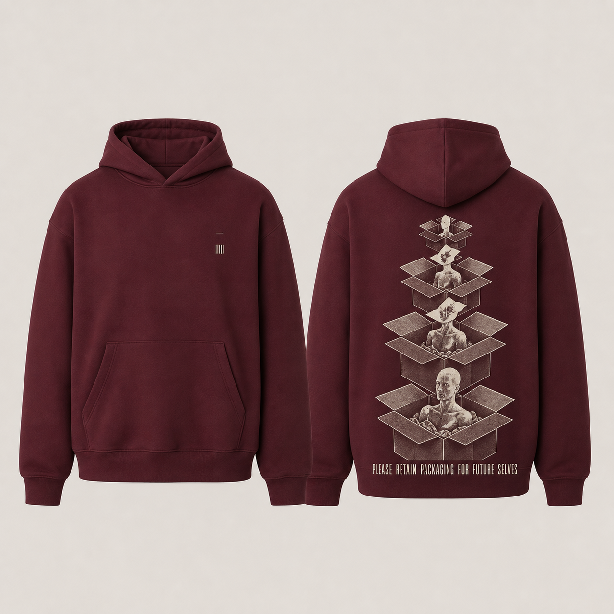 Front and back of a burgundy hoodie with a retention-code mark and nested cartons containing successive dated silhouettes.