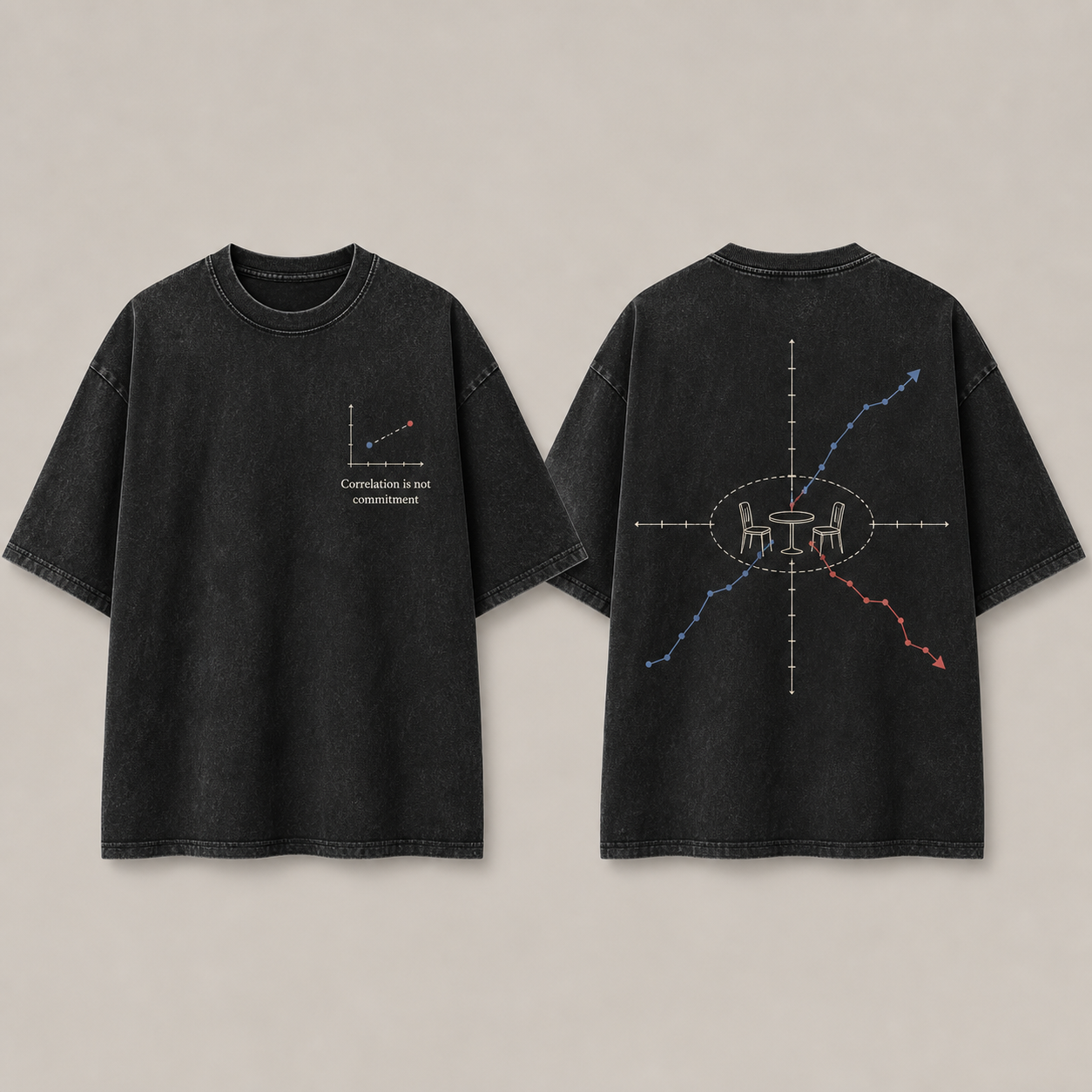 Front and back of a washed-black oversized tee with a small scatterplot and two charted paths separating around an empty table.