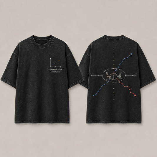Front and back of a washed-black oversized tee with a small scatterplot and two charted paths separating around an empty table.