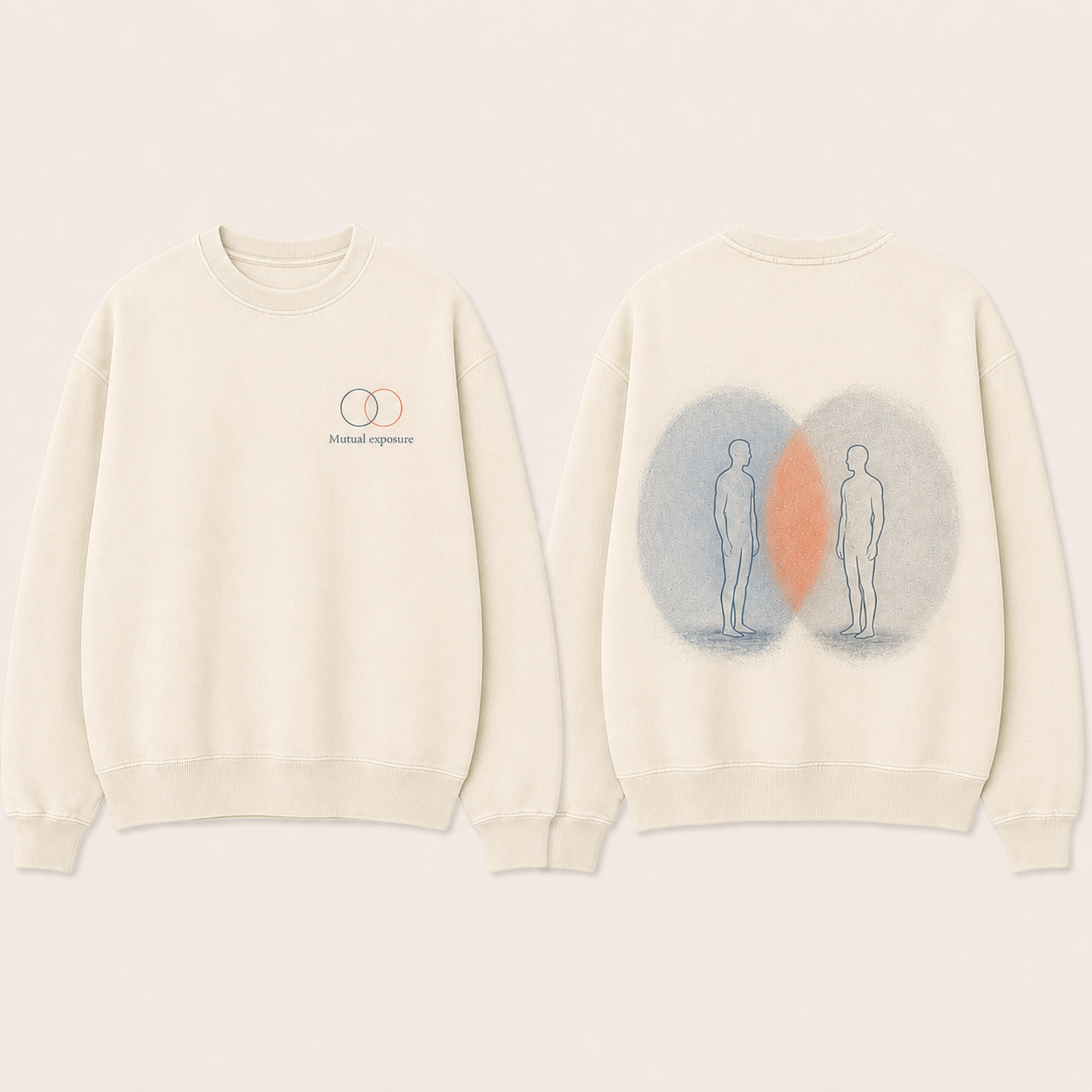 Ecru heavyweight crewneck with two light fields and two subjects sharing one coral overlap.