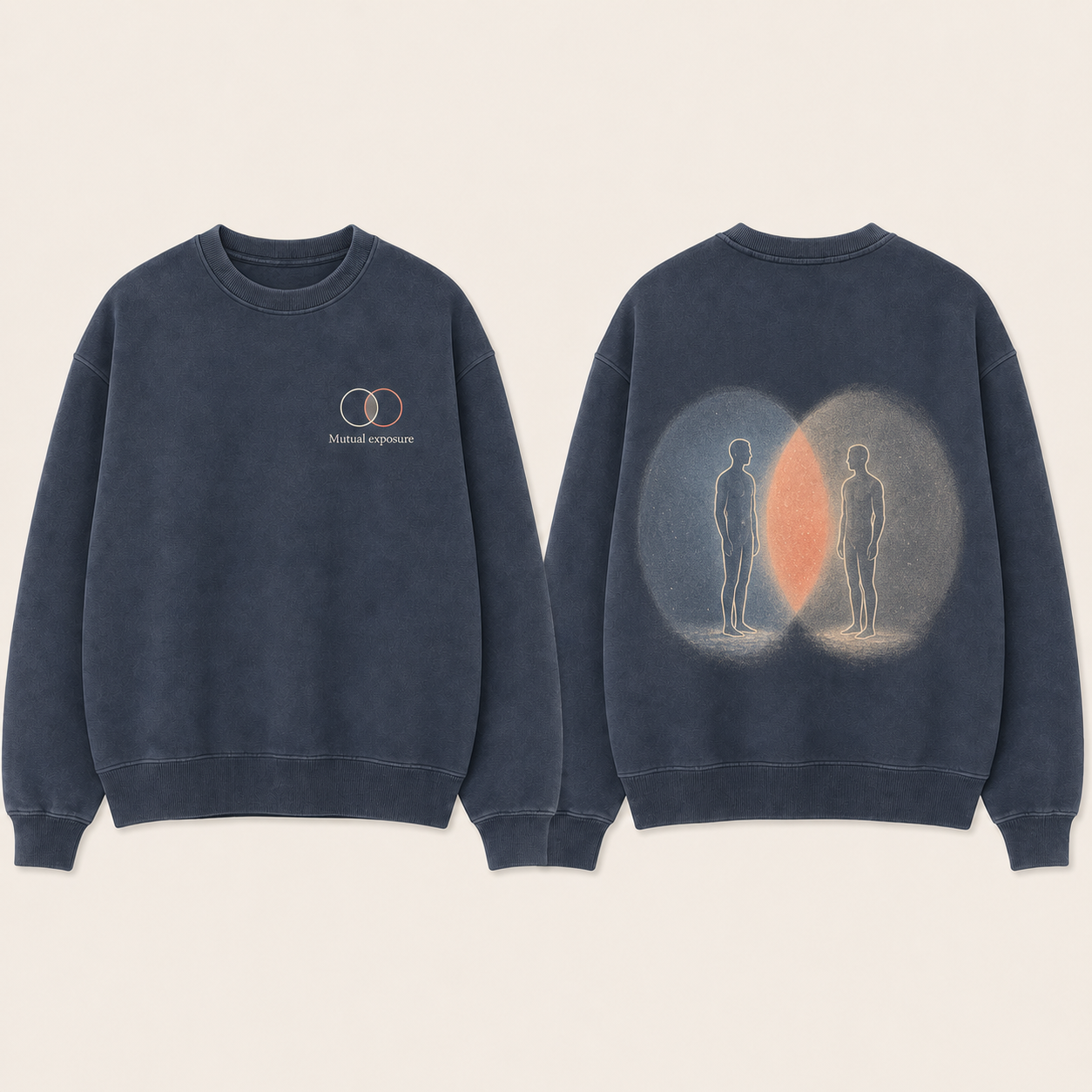 Faded-navy heavyweight crewneck with two light fields and two subjects sharing one coral overlap.