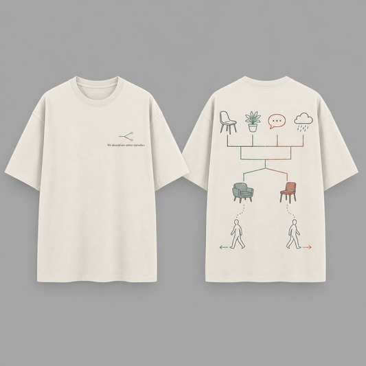 Front and back of a bone oversized tee with an open equation and a branching diagram of chairs, weather, messages, and separating figures.