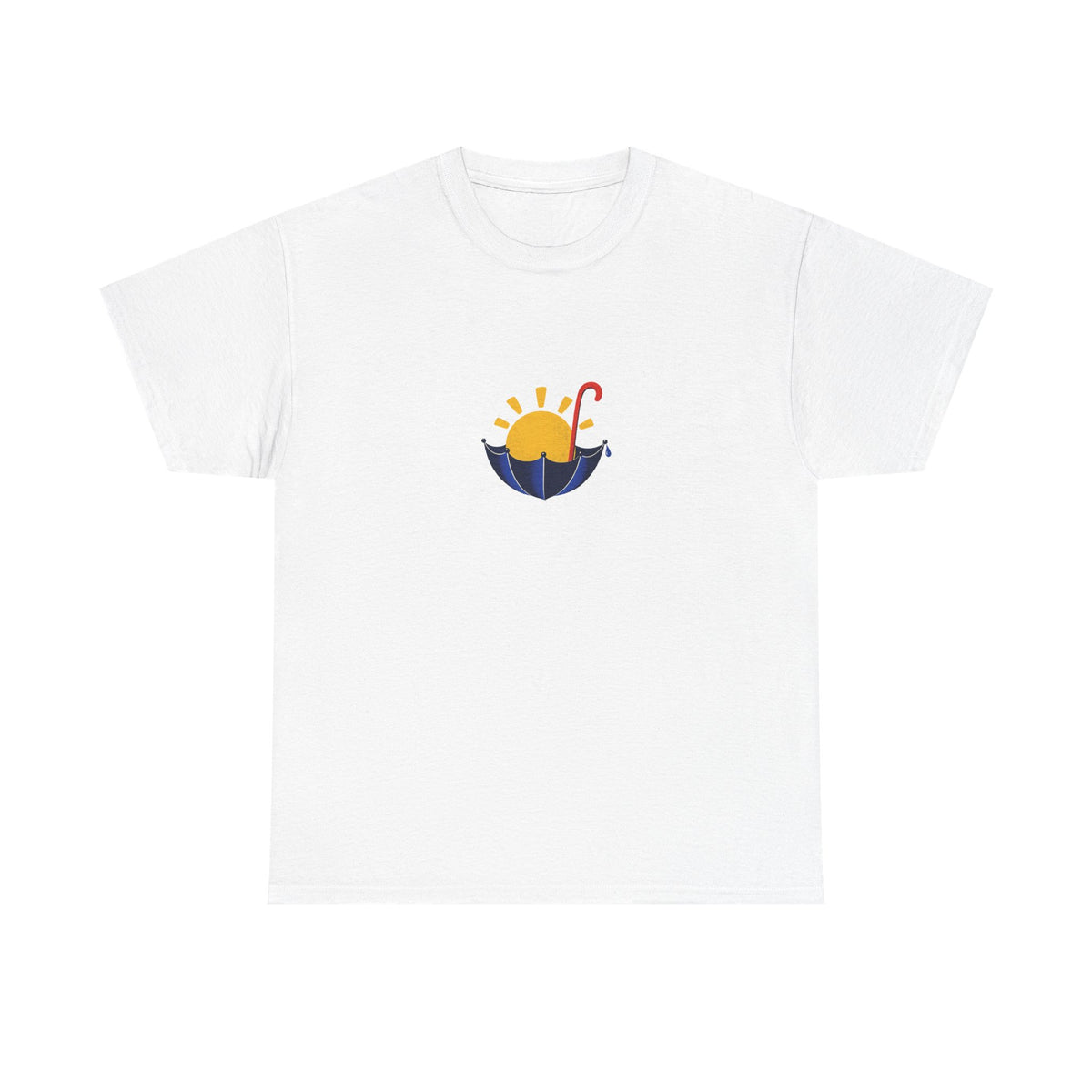 White T-shirt with a yellow sun inside an upturned blue umbrella with a red handle.