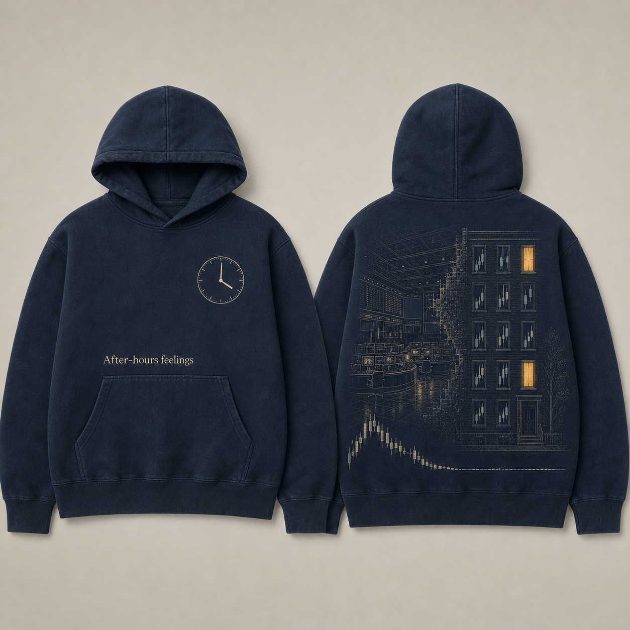 Front and back of a midnight-blue hoodie with a 4:01 clock and a trading floor becoming an apartment facade with two lit windows.