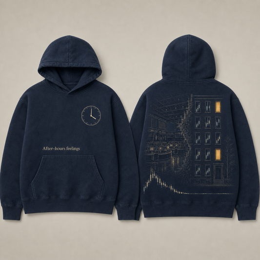 Front and back of a midnight-blue hoodie with a 4:01 clock and a trading floor becoming an apartment facade with two lit windows.