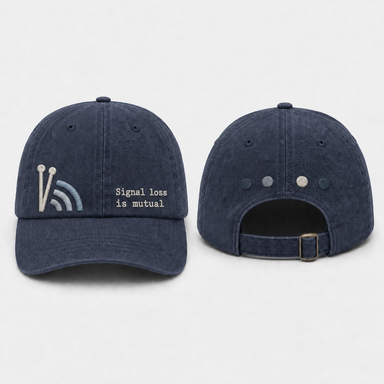 Faded-navy cap with twin antennas and fading signal bars for Signal loss is mutual.