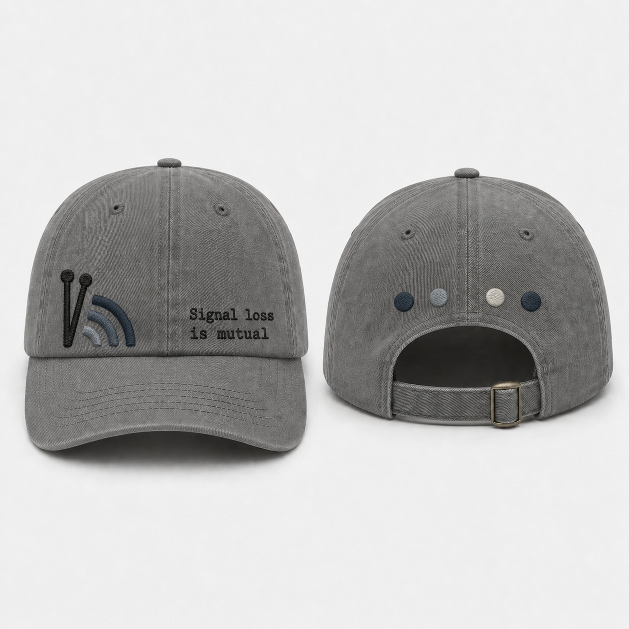 Mineral-gray cap with twin antennas and fading signal bars for Signal loss is mutual.
