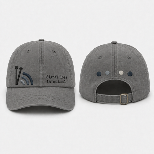 Mineral-gray cap with twin antennas and fading signal bars for Signal loss is mutual.