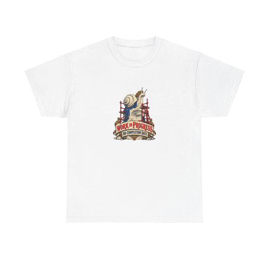 White Work in Progress Tee, front view with snail monument surrounded by scaffolding and “WORK IN PROGRESS NO COMPLETION DATE” graphic.