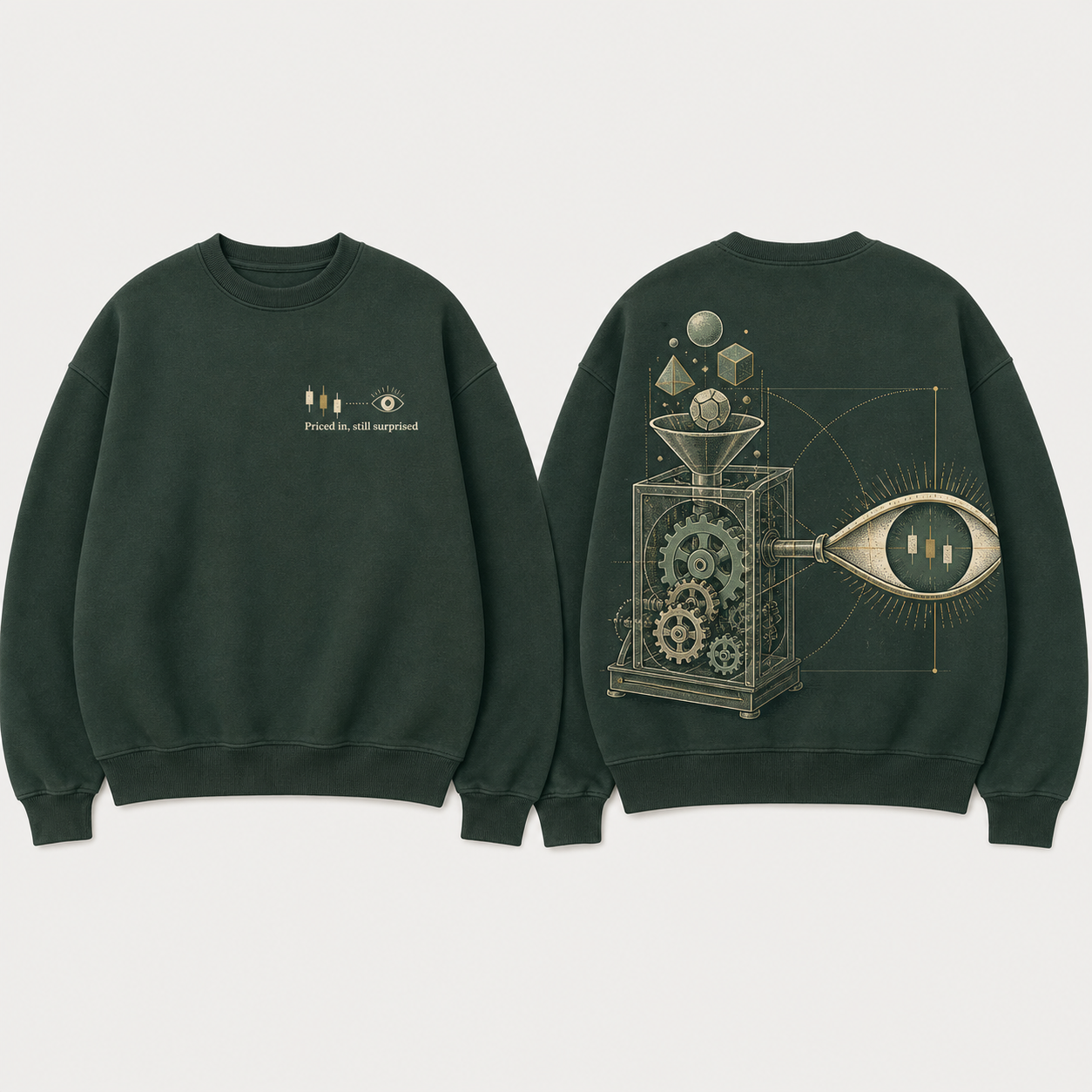 Front and back of a deep-forest crewneck with candlesticks ending in an eye and a valuation machine outputting the same chart as surprise.