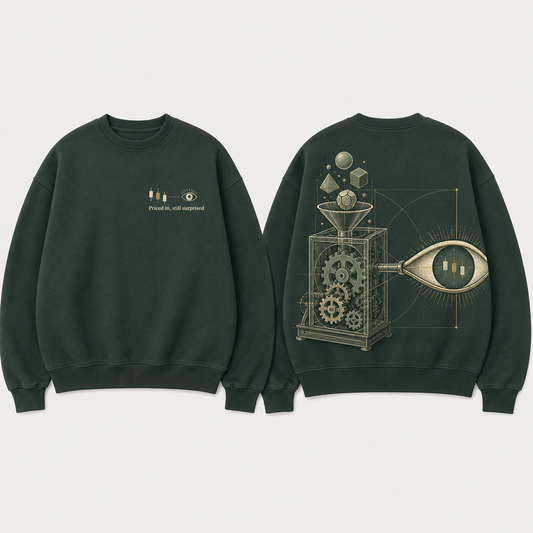 Front and back of a deep-forest crewneck with candlesticks ending in an eye and a valuation machine outputting the same chart as surprise.