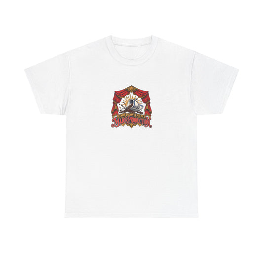 White Minor Inconvenience Tee, front view with spilled espresso under theater curtains and “MINOR INCONVENIENCE MAJOR PRODUCTION” graphic.