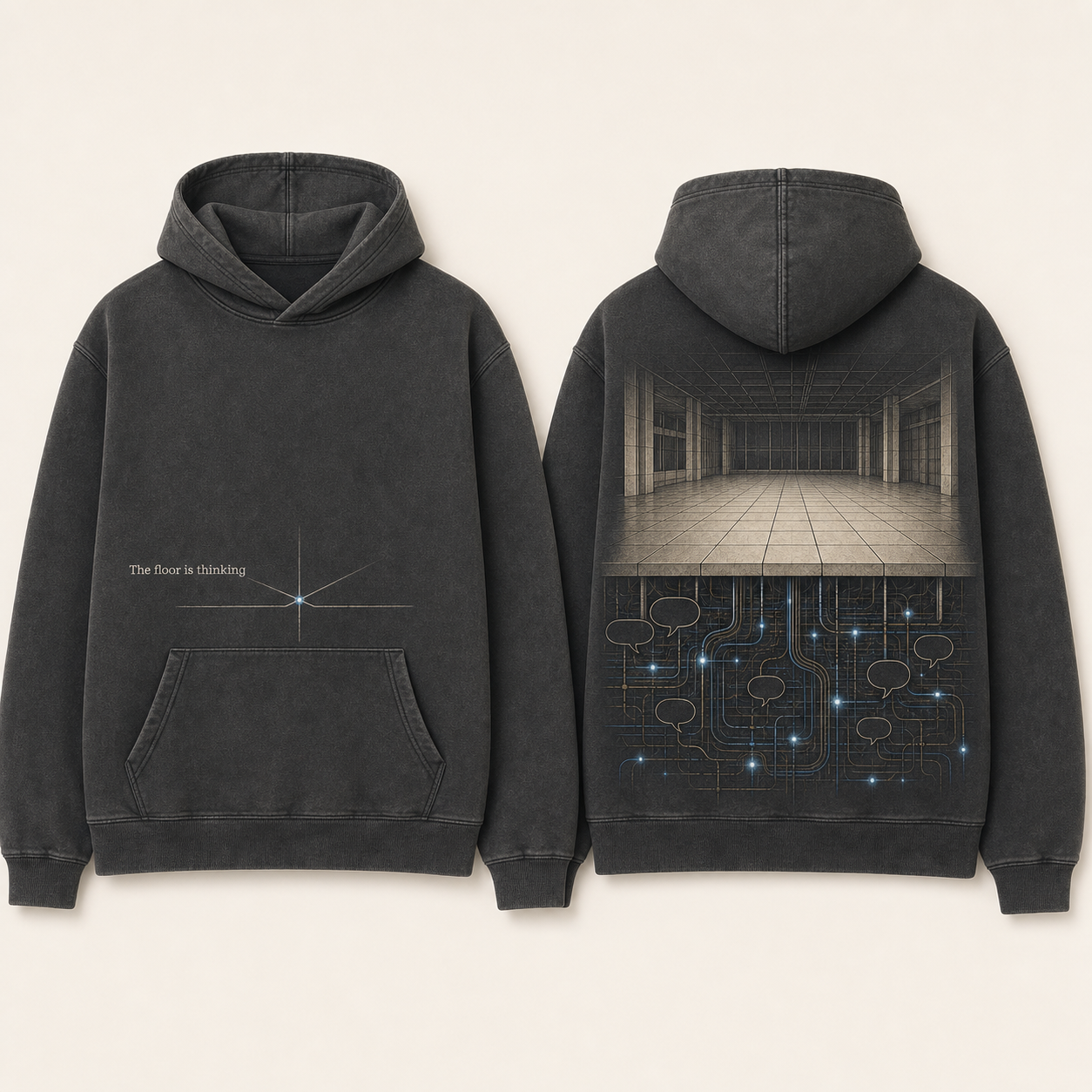 Front and back of a washed-charcoal hoodie with a neural tile detail and an architectural cutaway revealing thoughts beneath an empty exchange floor.