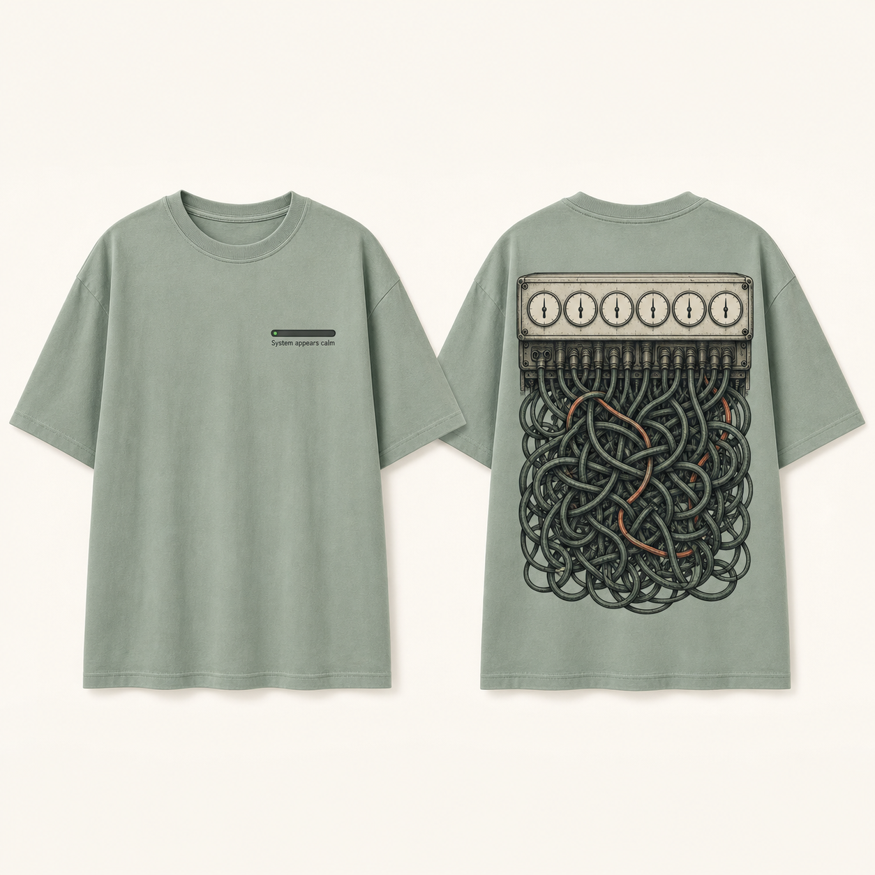 Front and back of an eucalyptus oversized tee with a calm status bar and a control-panel cutaway hiding a nest of knotted cables.