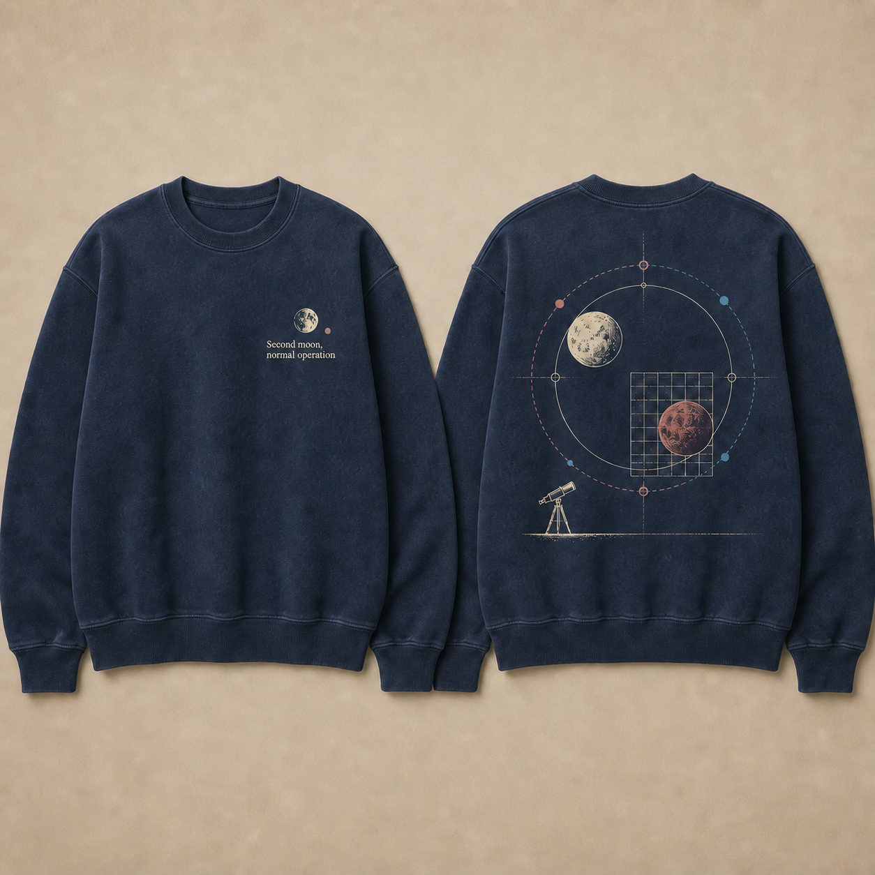Second Moon, Normal Operation - Heavyweight Crewneck in Faded Navy.