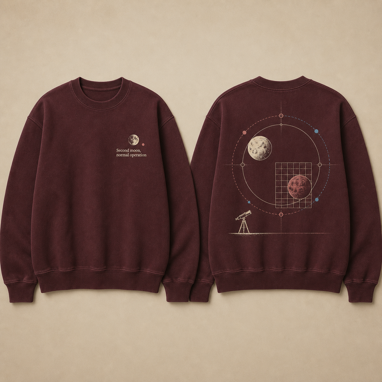 Front and back of an oxblood crewneck with a one-moon chest readout and a calm observatory chart documenting two moons.