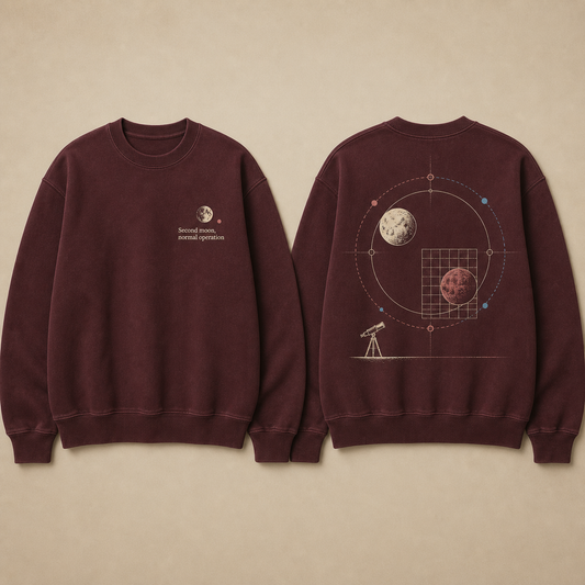 Front and back of an oxblood crewneck with a one-moon chest readout and a calm observatory chart documenting two moons.