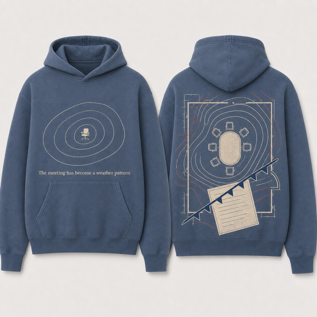 Front and back of a slate-blue hoodie with a chair in an isobar and a meeting-room floor plan transformed into a weather map.