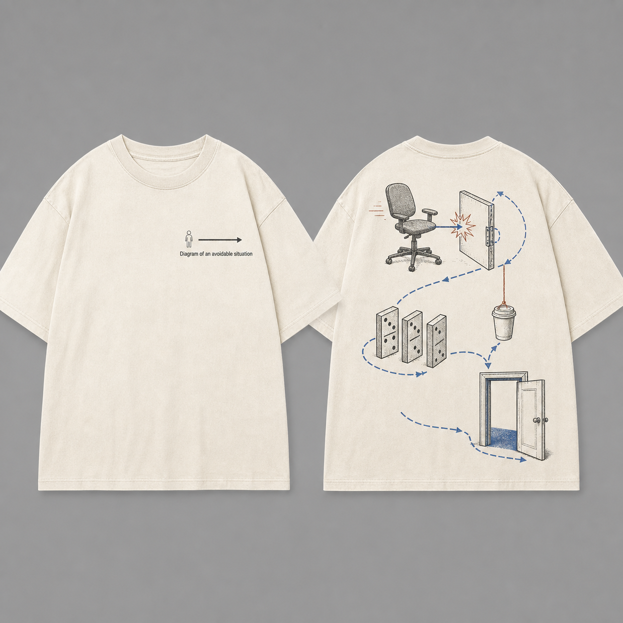Front and back of an ecru oversized tee with a direct arrow at the chest and an elaborate chain-reaction diagram avoiding an open exit.