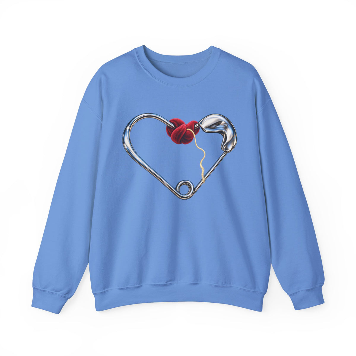 Supplier-generated Held Together Crewneck mockup 1: Carolina Blue Gildan 18000 with the verified front and back artwork placement.