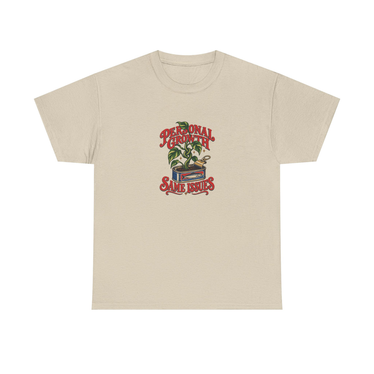 Sand Personal Growth Tee, front view with knotted houseplant in a sardine tin and “PERSONAL GROWTH SAME ISSUES” graphic.