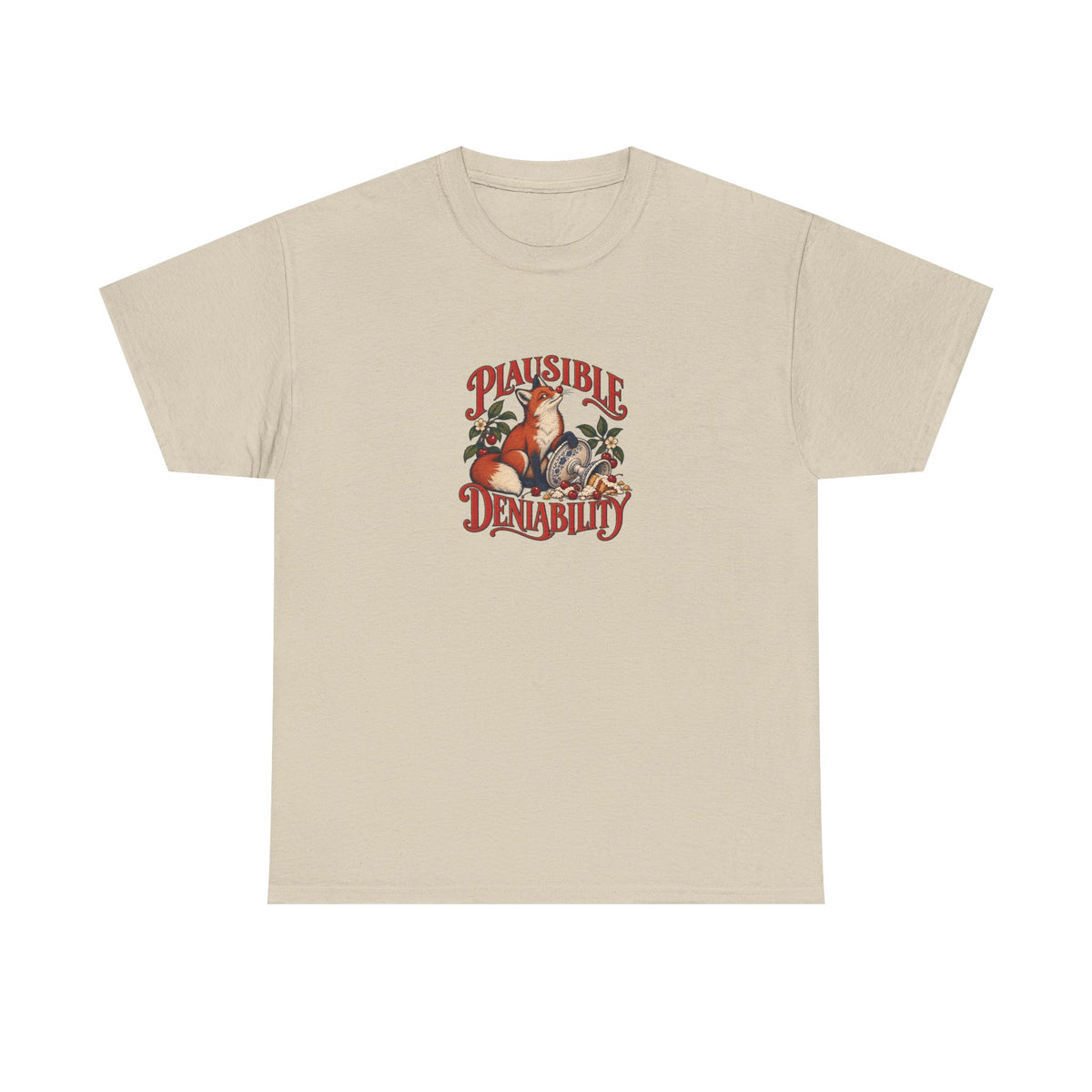 Sand Plausible Deniability Tee, front view with fox beside an overturned cake stand and “PLAUSIBLE DENIABILITY” graphic.