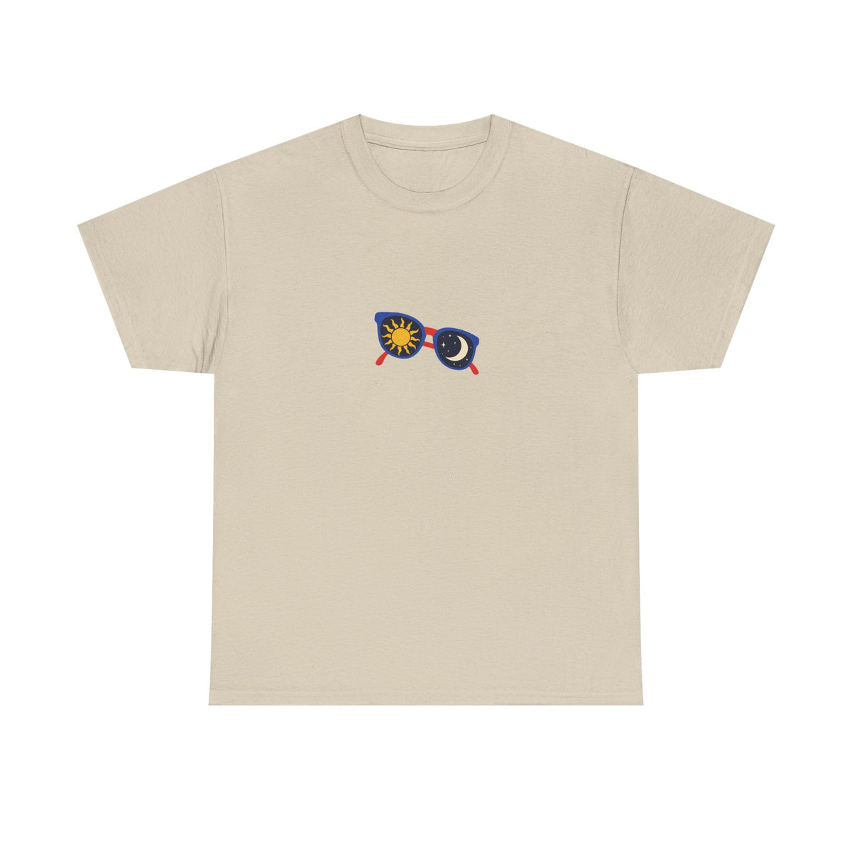 Sand Clear Spell tee with a small blue sunglasses graphic showing a yellow sun in one lens and crescent moon in the other.