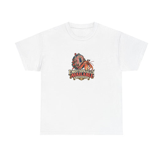 White Emotionally Available Tee, front view with hermit crab carrying a pink townhouse and “EMOTIONALLY AVAILABLE BY APPOINTMENT” graphic.