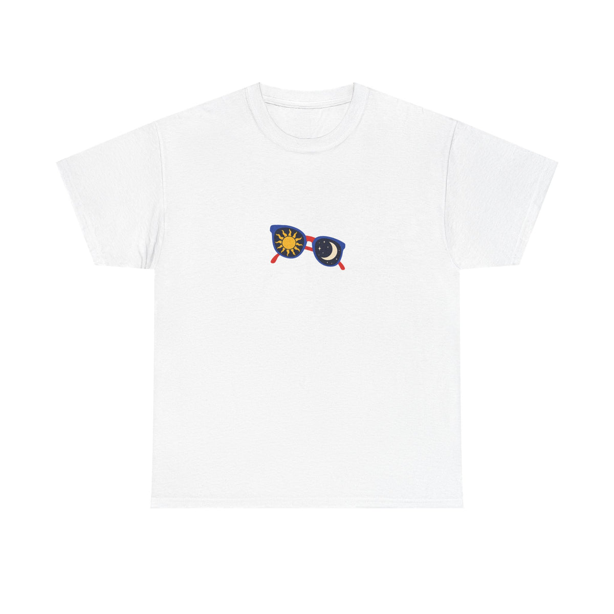 White Clear Spell tee with a small blue sunglasses graphic showing a yellow sun in one lens and crescent moon in the other.