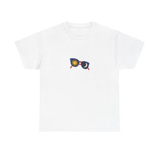 White Clear Spell tee with a small blue sunglasses graphic showing a yellow sun in one lens and crescent moon in the other.