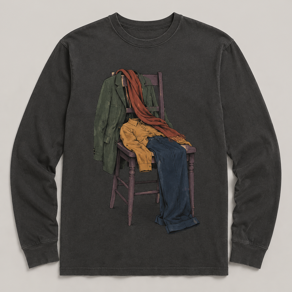Charcoal long-sleeve tee design with a wooden chair wearing a jacket, shirt, scarf, and trousers.