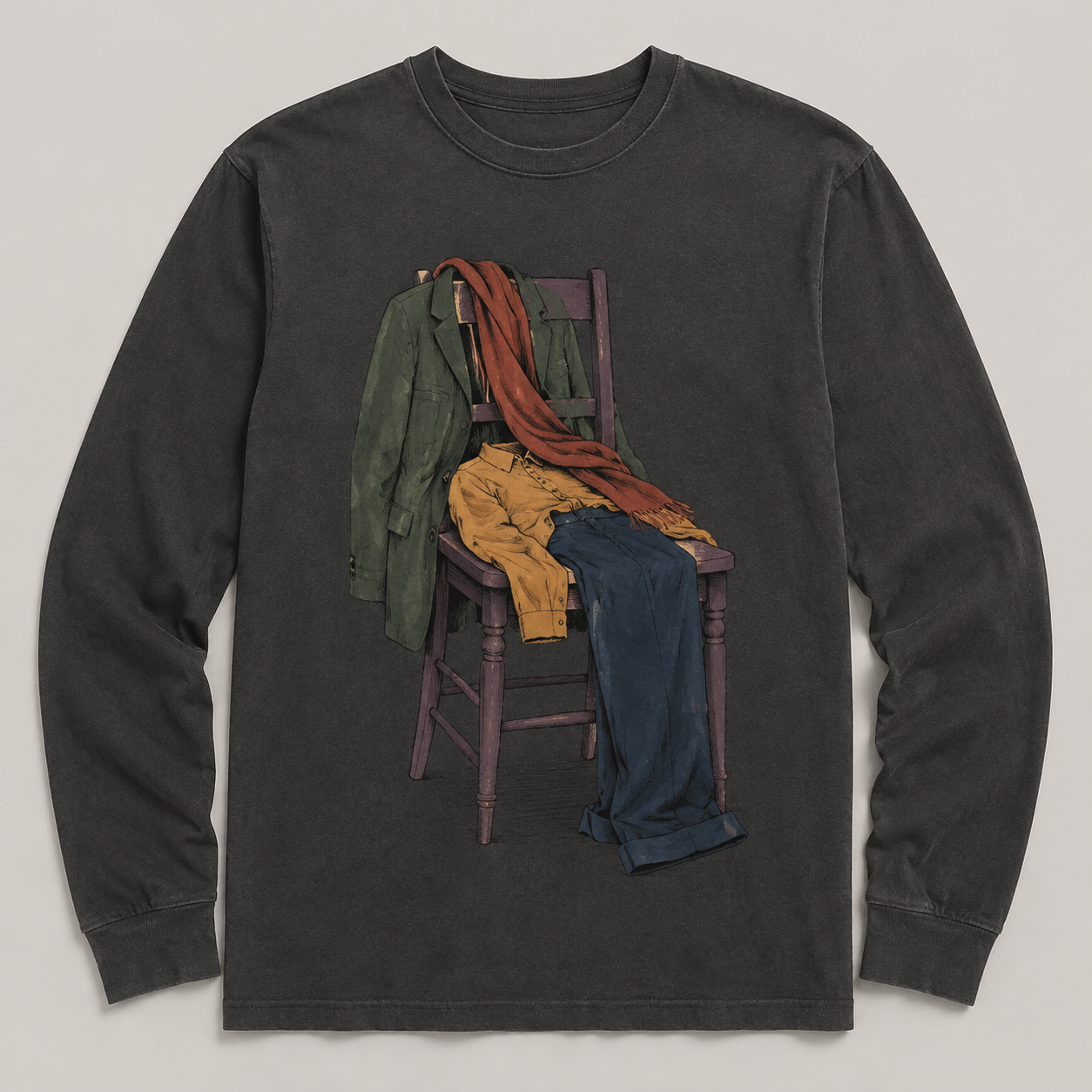 Charcoal long-sleeve tee design with a wooden chair wearing a jacket, shirt, scarf, and trousers.