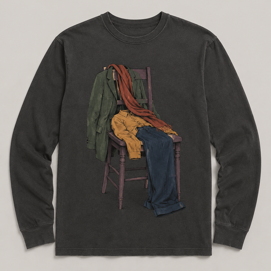 Charcoal long-sleeve tee design with a wooden chair wearing a jacket, shirt, scarf, and trousers.