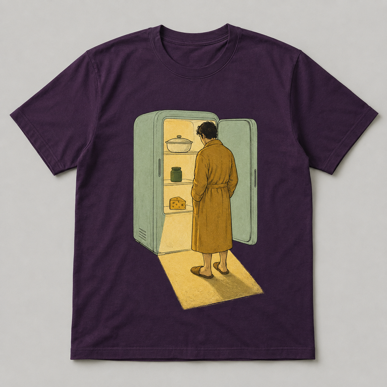 Aubergine tee design with a person in slippers visiting an open mint refrigerator and its pool of yellow light.