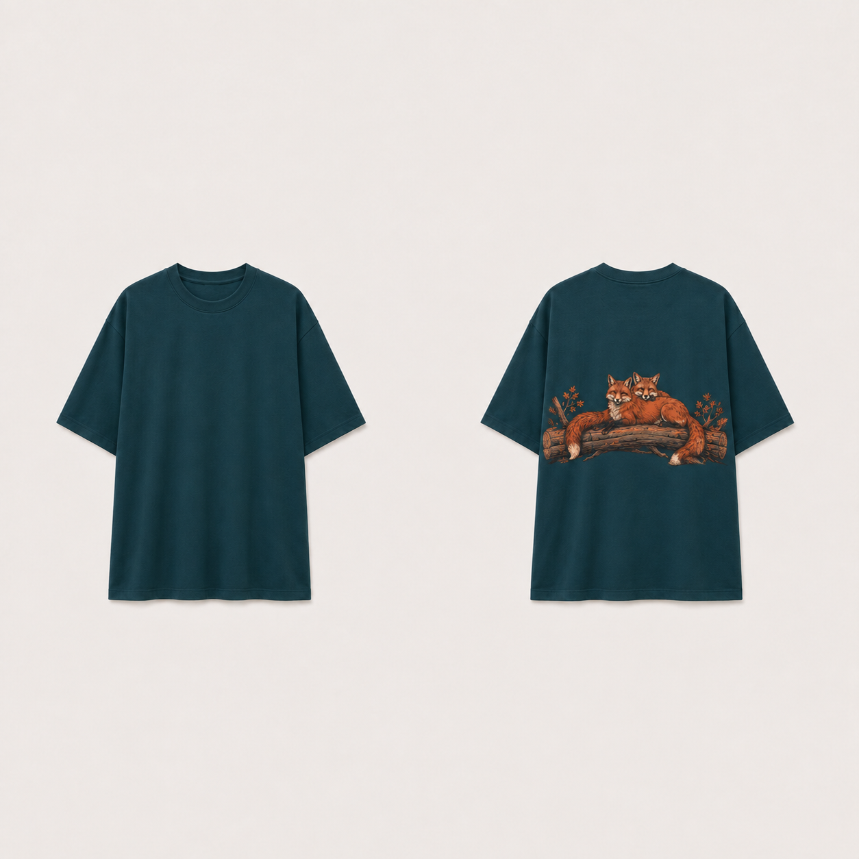 Front and back of a deep-teal relaxed tee with two red foxes resting close together on a log across the back.