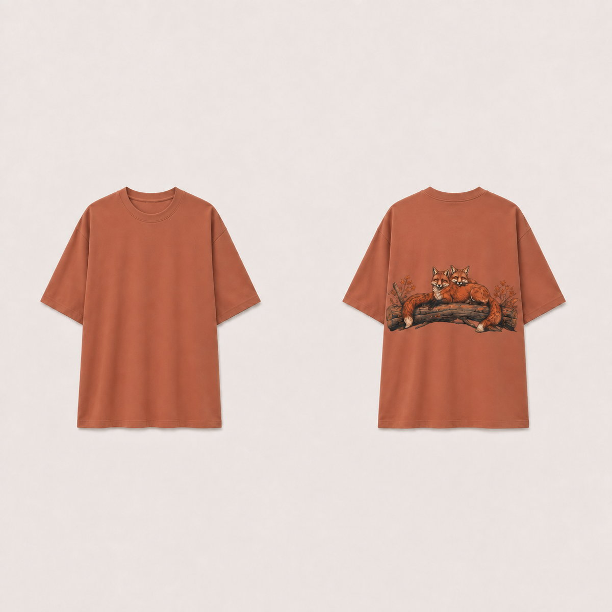 The same relaxed tee in warm clay, retaining the red-fox log composition and plain front.